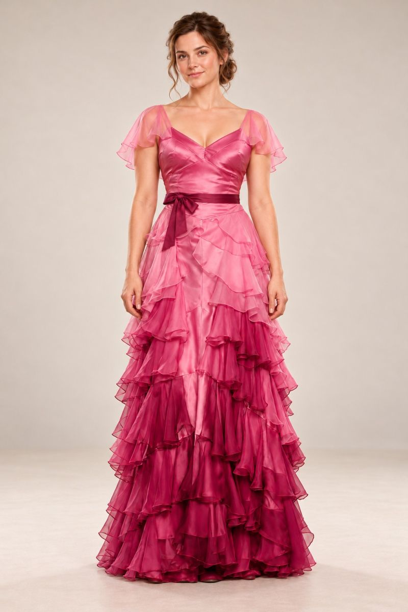 Pink layered ruffle ball gown — relaxed front full-length view