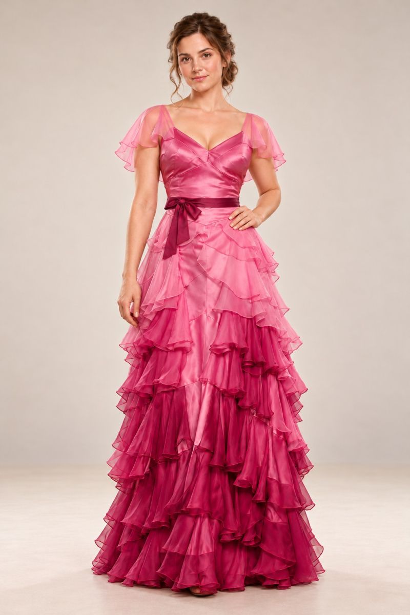 Pink layered ruffle ball gown — alternative front pose with hand at waist