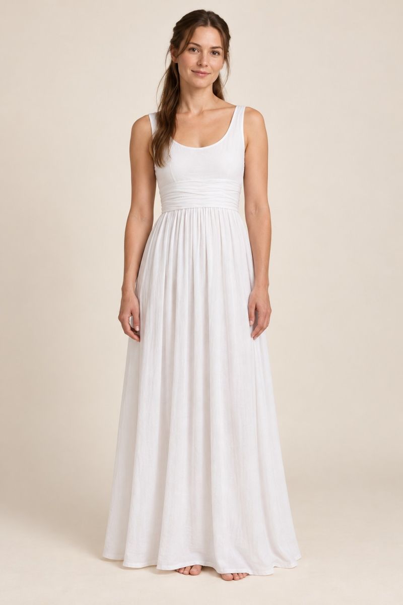 White empire-waist gown — front full-length view