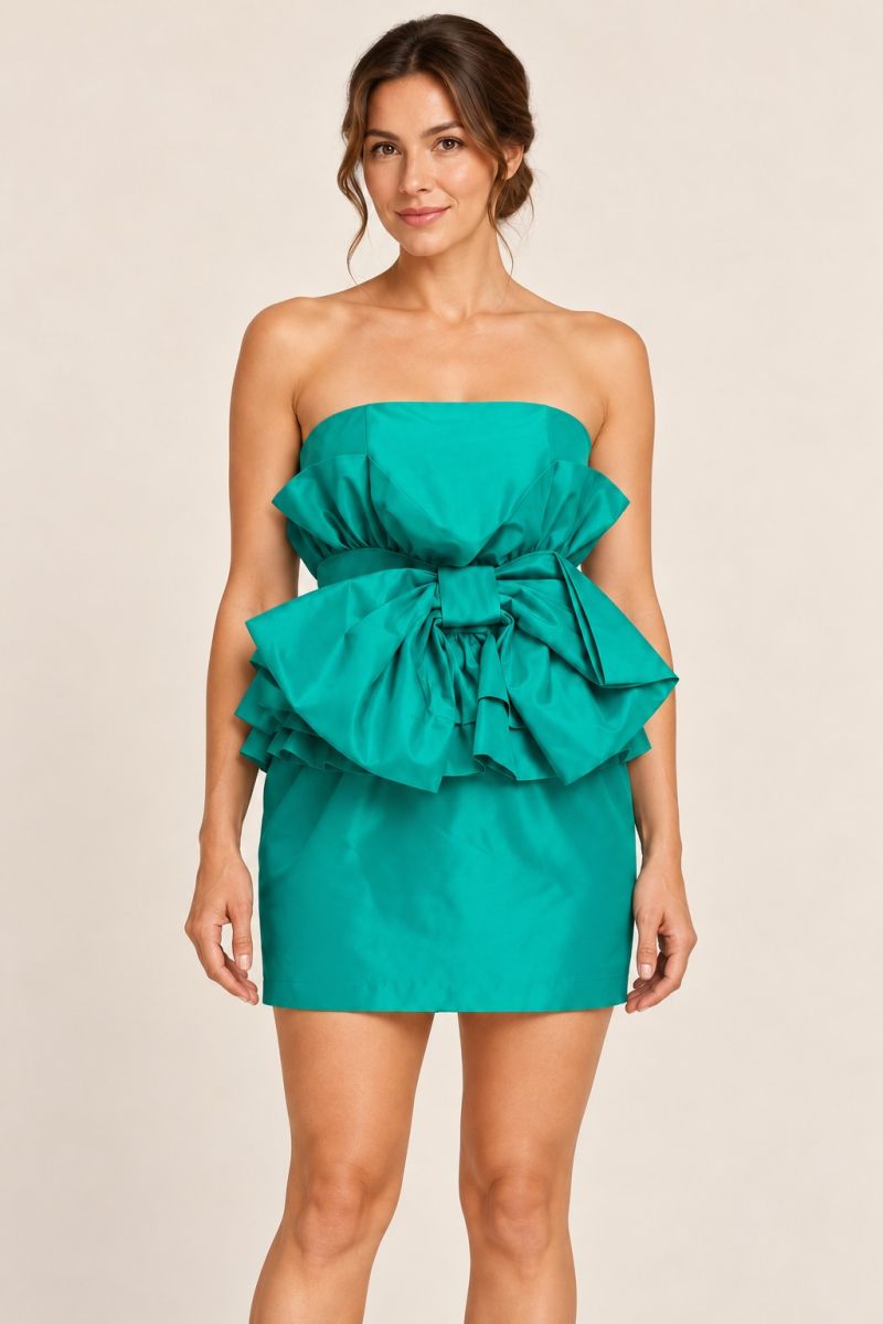 Turquoise Bow Peplum Mini Dress — Closer front view
