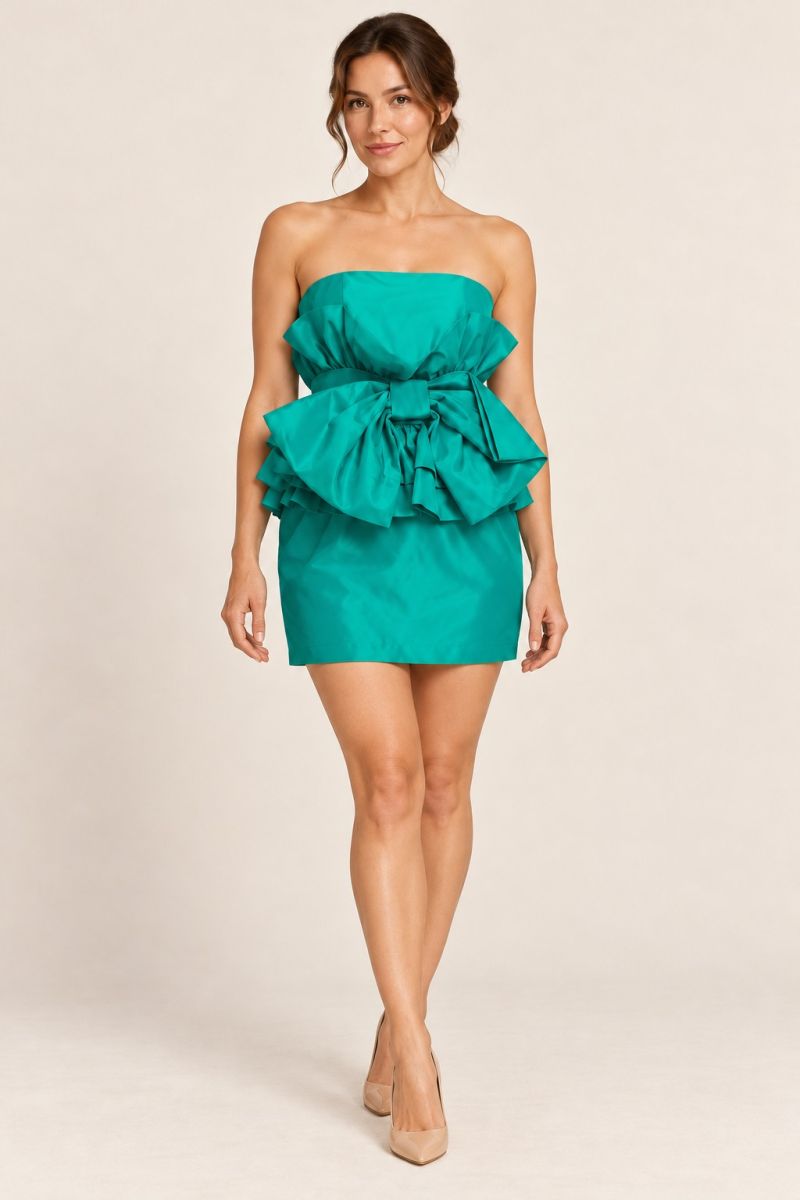 Turquoise Bow Peplum Mini Dress — Alternative full-length front view