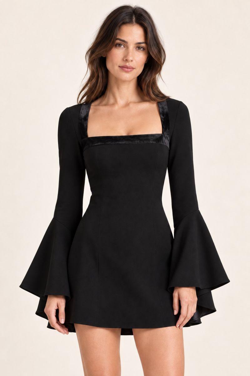 Black Square-Neck Bell-Sleeve Mini Dress — Closer front view
