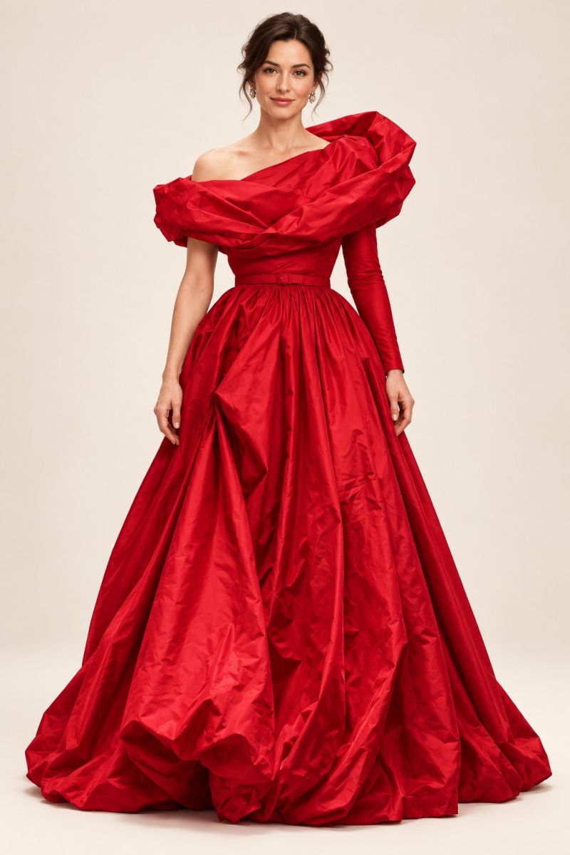 Red Off-Shoulder Ball Gown — Front view