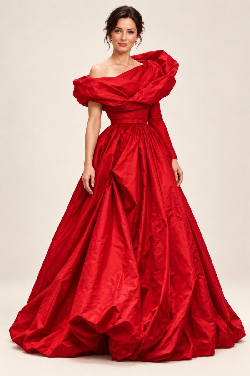 Red Off-Shoulder Ball Gown — Three-quarter front pose