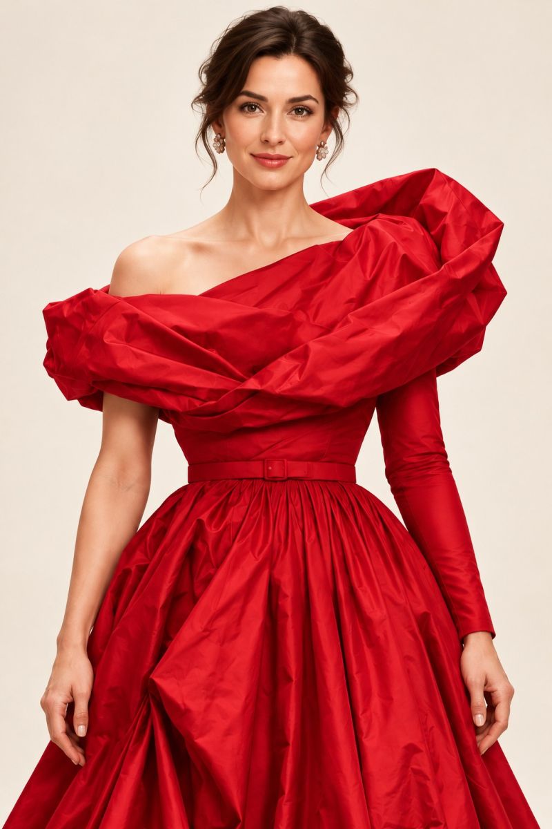 Red Off-Shoulder Ball Gown — Neckline and waist detail