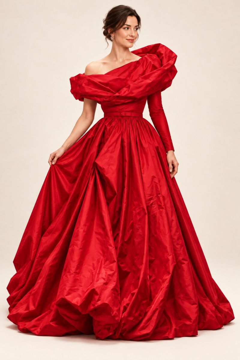 Red Off-Shoulder Ball Gown — Relaxed front pose