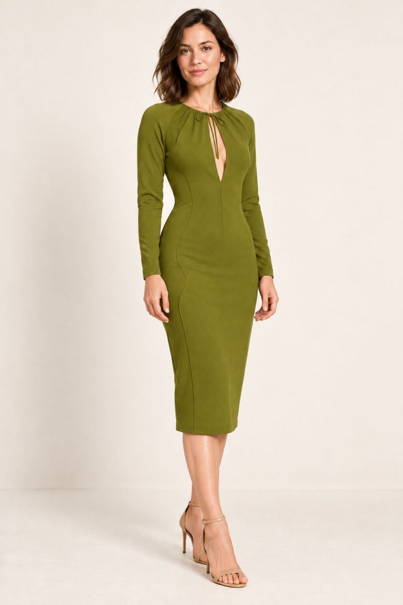 Green Tie-Neck Keyhole Long-Sleeve Midi Dress — gentle front angle