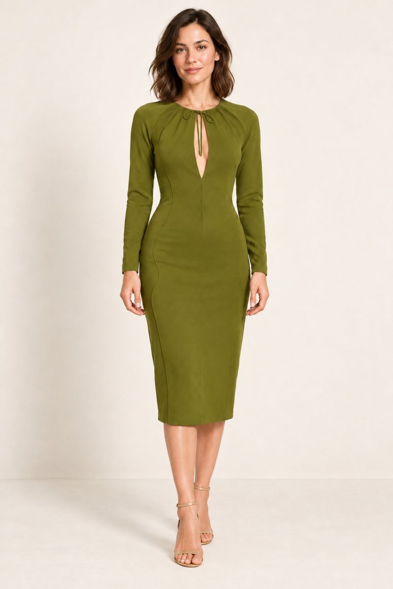 Green Tie-Neck Keyhole Long-Sleeve Midi Dress — relaxed full front pose