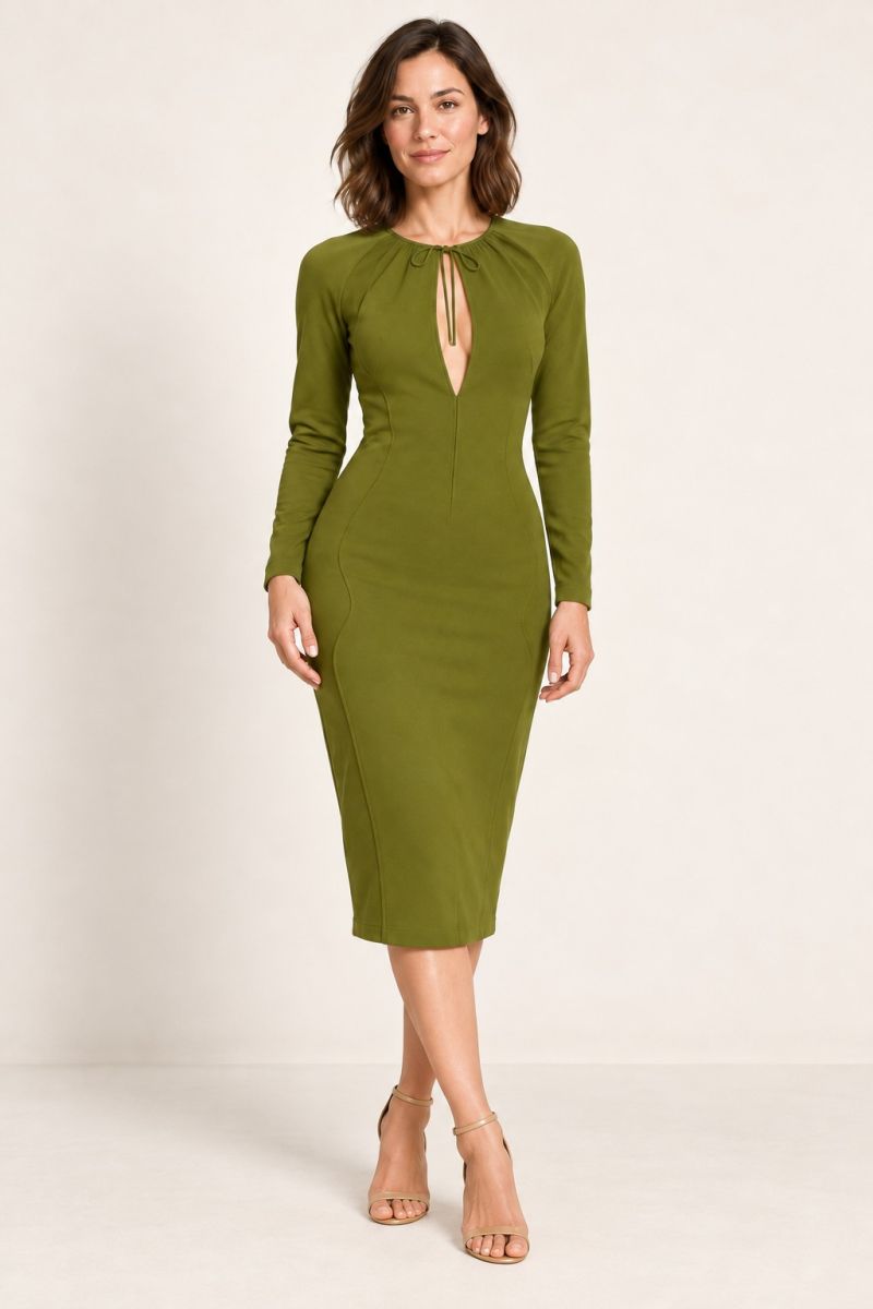 Green Tie-Neck Keyhole Long-Sleeve Midi Dress — alternative full front pose