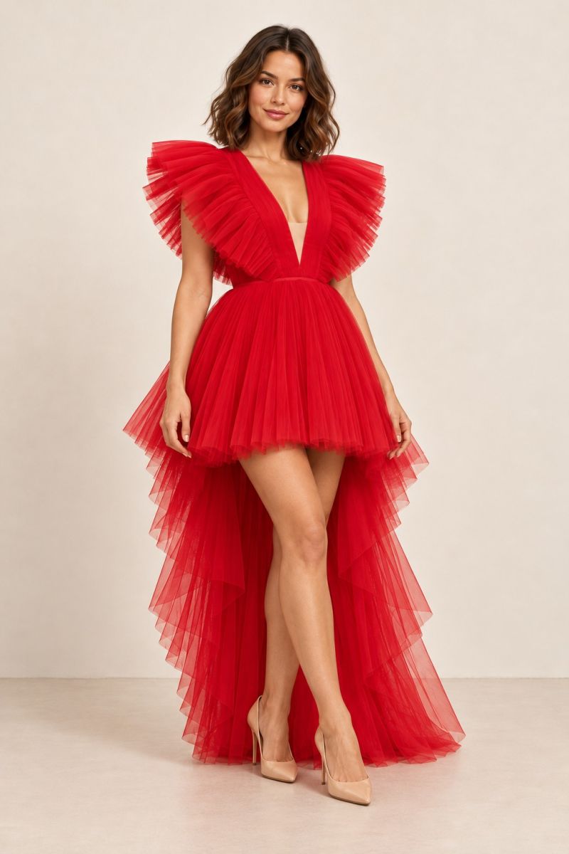 Red Pleated High-Low Gown — gentle three-quarter front view
