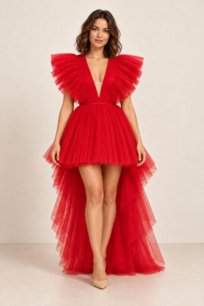 Red Pleated High-Low Gown — relaxed front pose