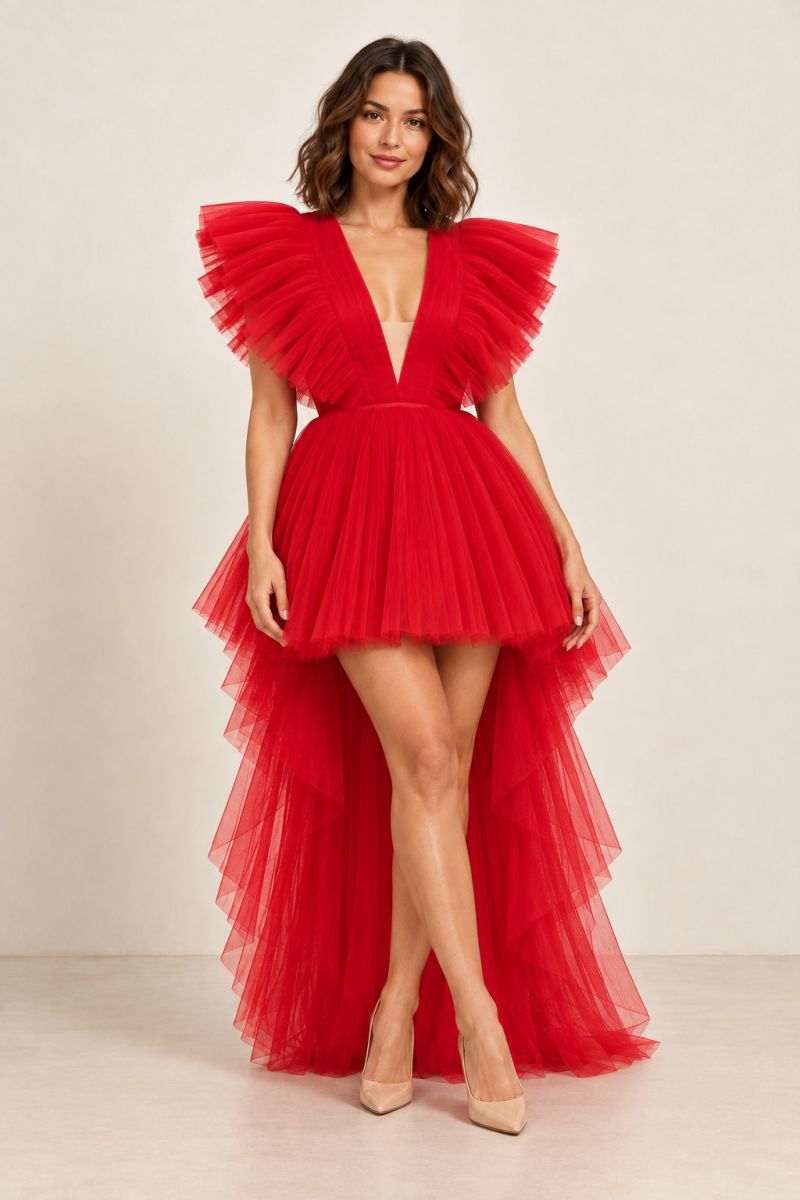Red Pleated High-Low Gown — alternative full front view