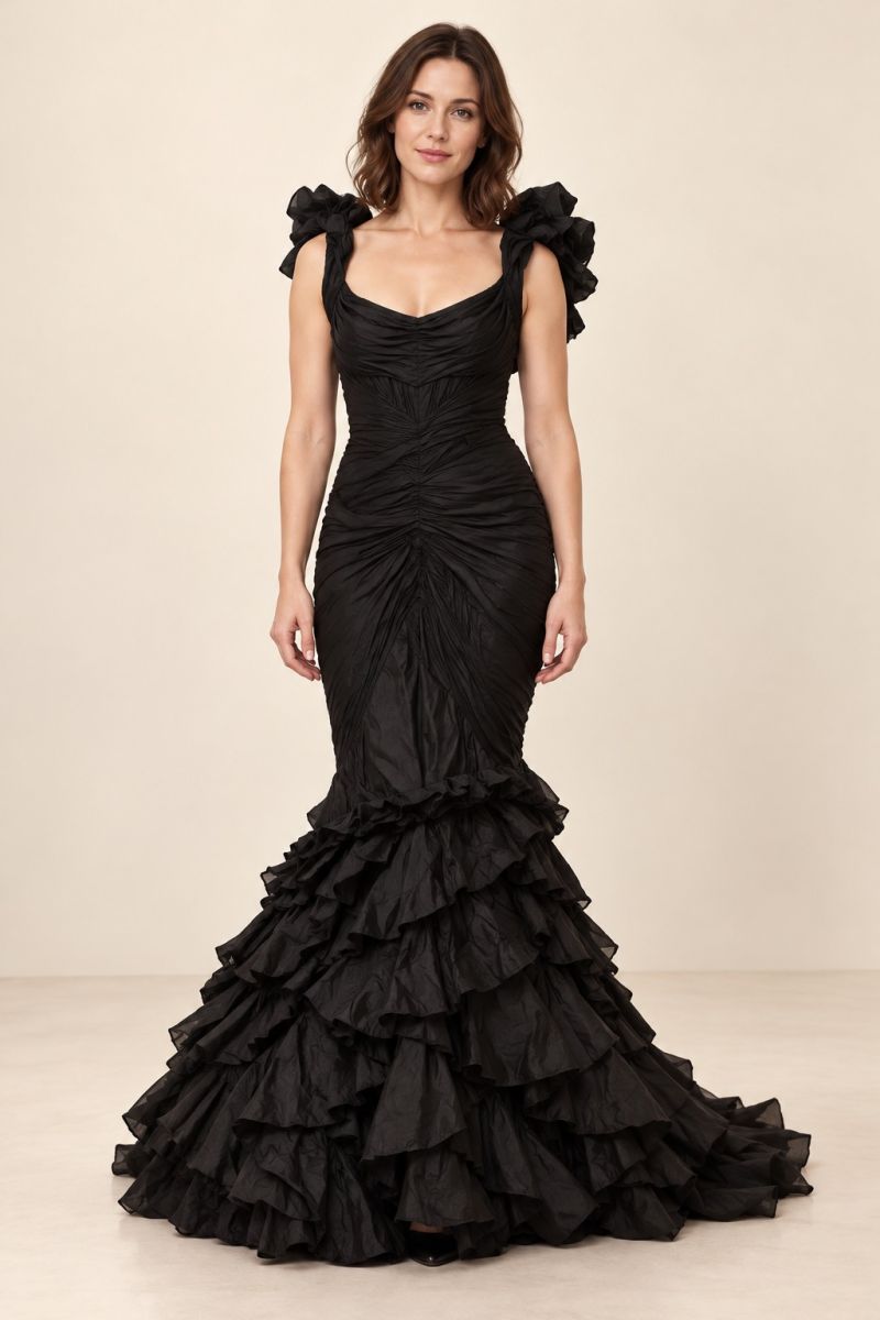 Black Ruffle Mermaid Gown — front view