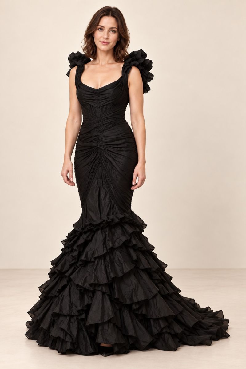 Black Ruffle Mermaid Gown — standing front view