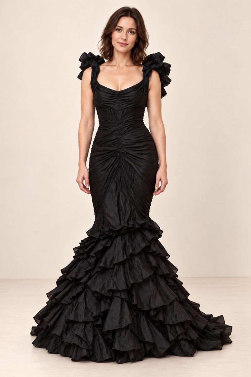 Black Ruffle Mermaid Gown — front view of neckline and skirt