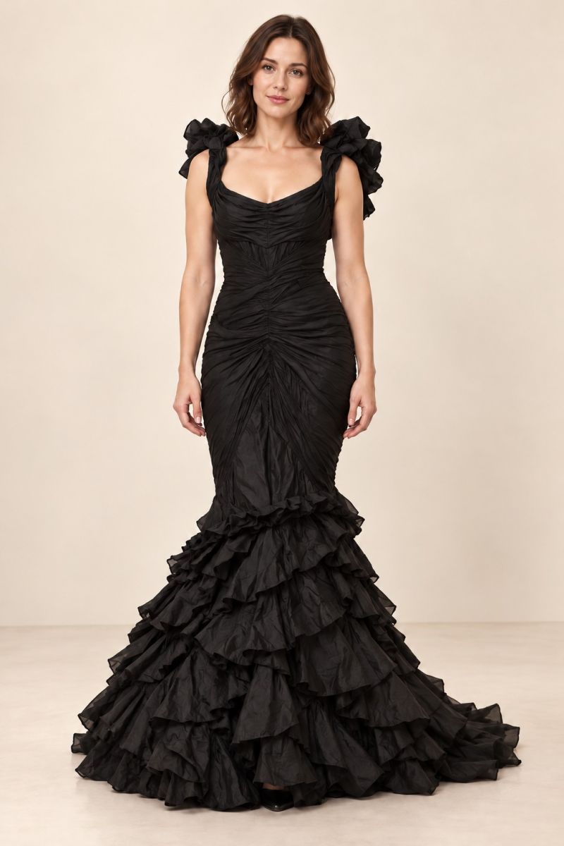 Black Ruffle Mermaid Gown — relaxed front view