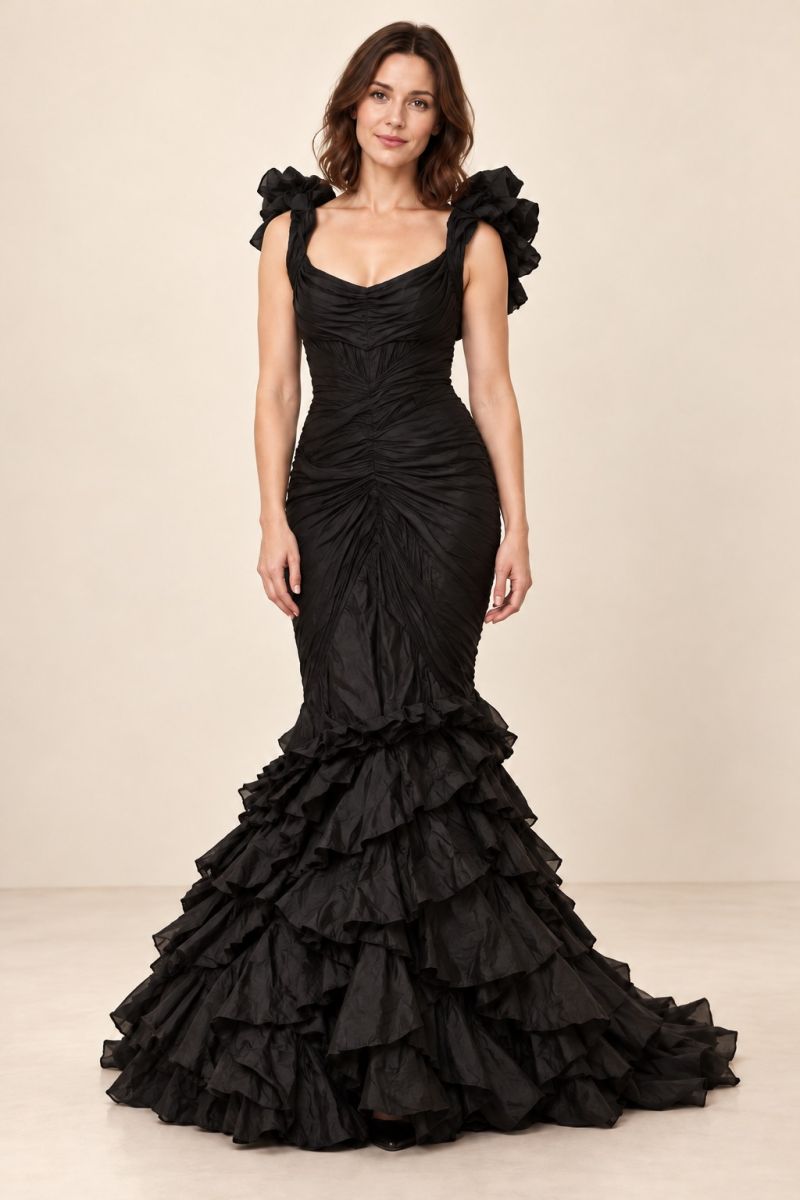 Black Ruffle Mermaid Gown — alternate front view