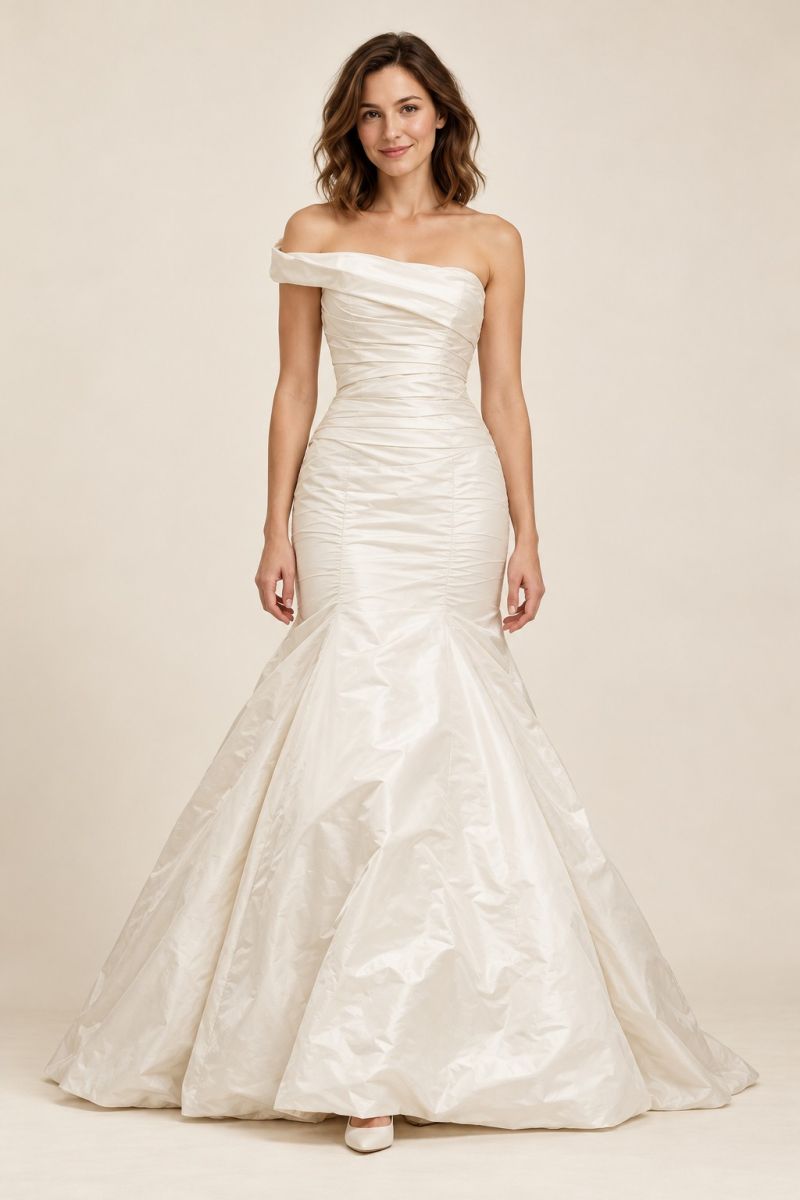 Off-Shoulder Fit-and-Flare Wedding Gown — front view