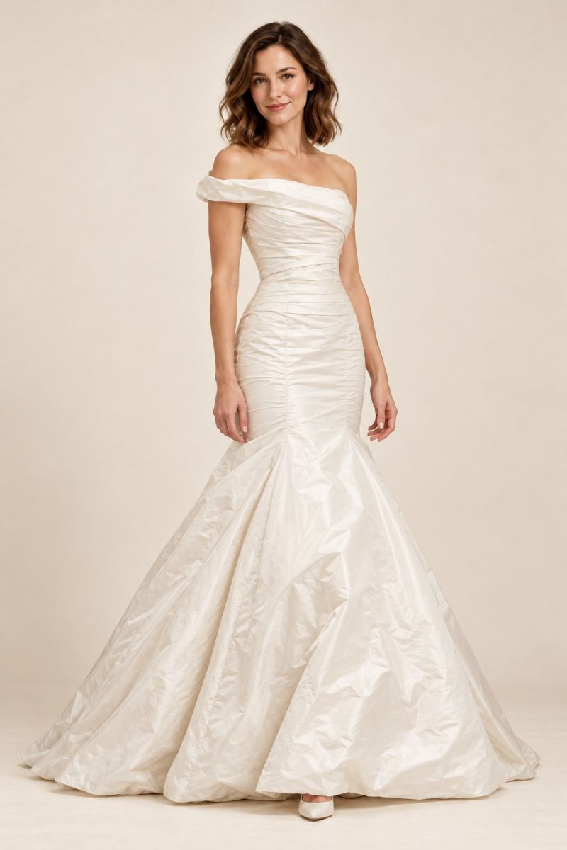 Off-Shoulder Fit-and-Flare Wedding Gown — gentle three-quarter front view