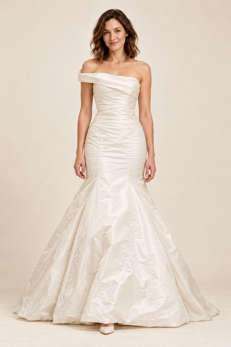 Off-Shoulder Fit-and-Flare Wedding Gown — relaxed front pose