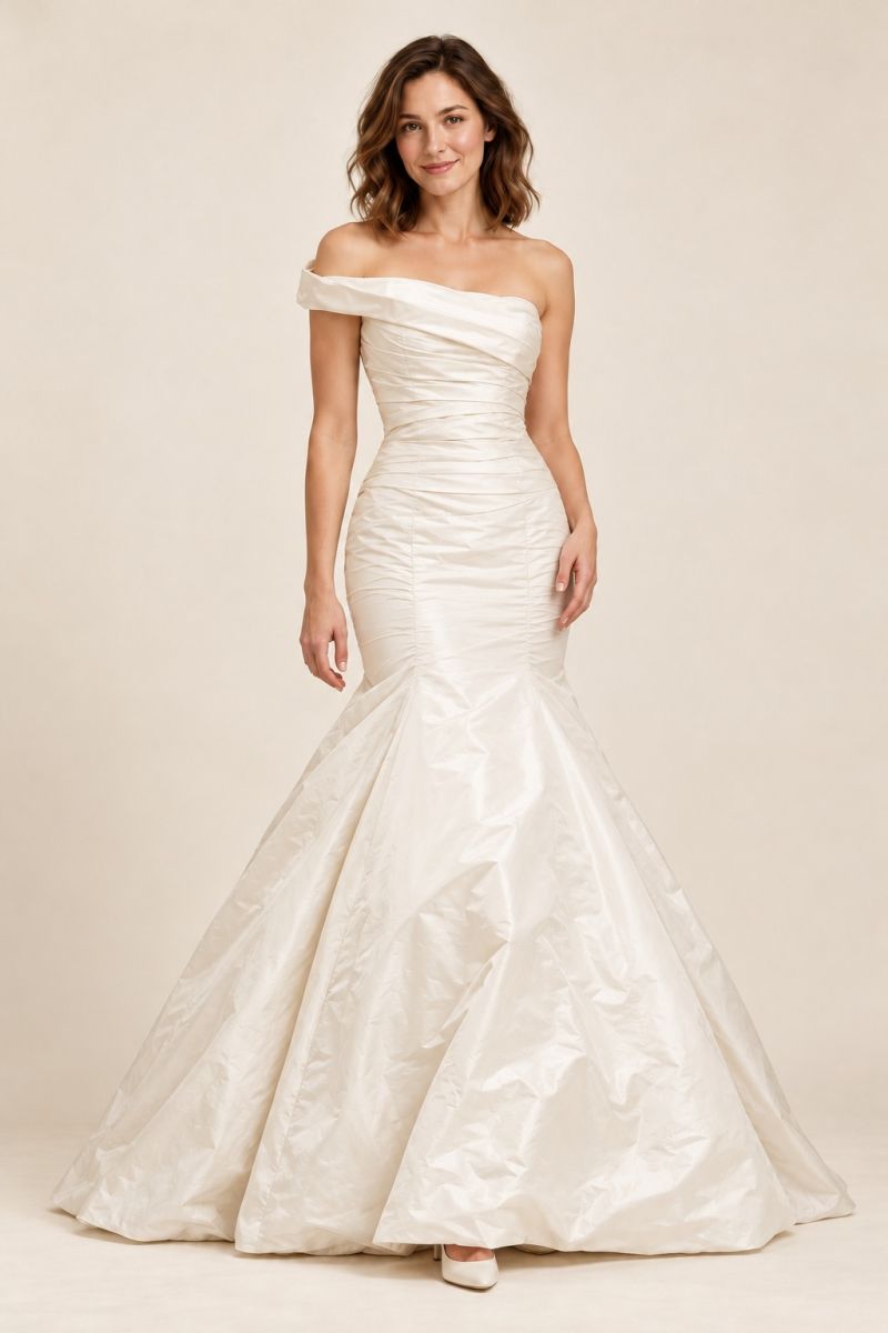 Off-Shoulder Fit-and-Flare Wedding Gown — alternative full front view