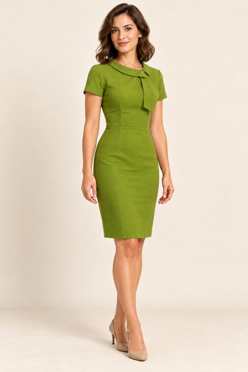 Spring-Green Short-Sleeve Collared Sheath Dress — gentle front angle