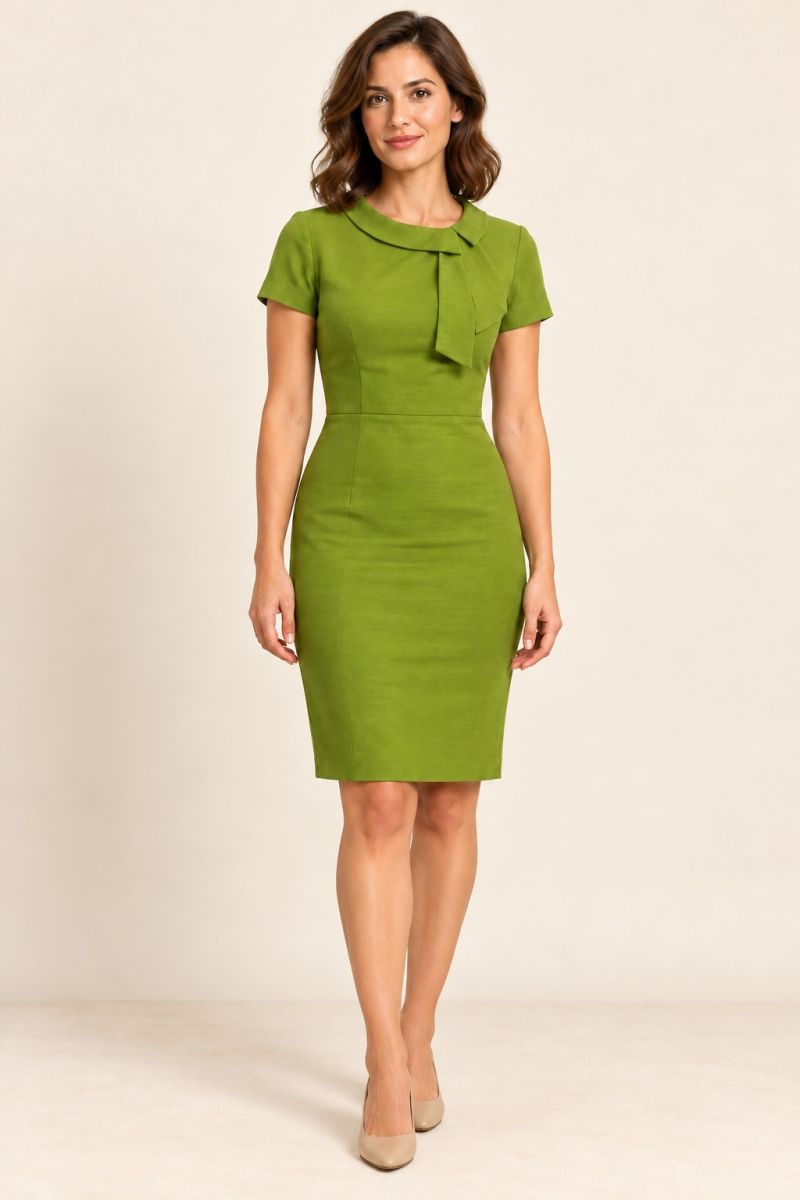 Spring-Green Short-Sleeve Collared Sheath Dress — relaxed full front pose