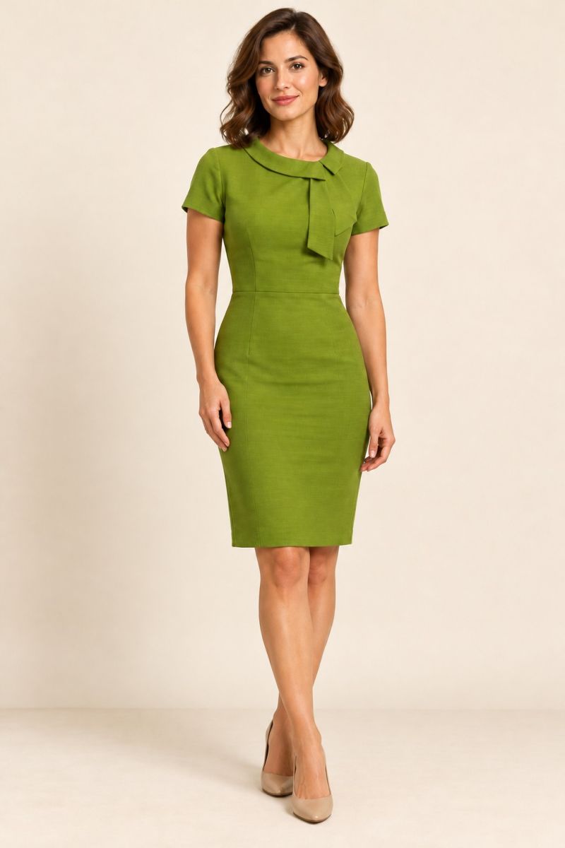 Spring-Green Short-Sleeve Collared Sheath Dress — alternative full front pose