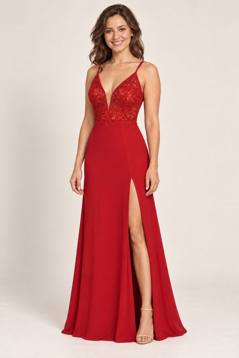 Red Embroidered-Bodice V-Neck Slit Evening Gown — gentle front angle