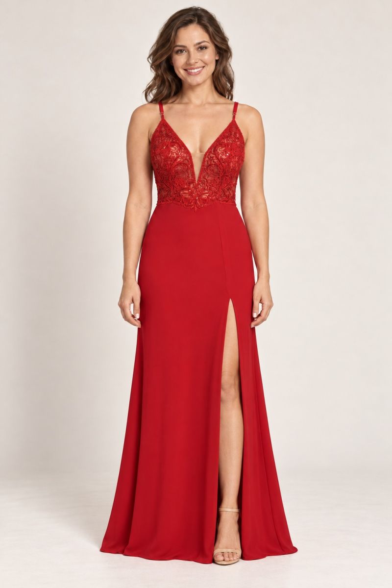 Red Embroidered-Bodice V-Neck Slit Evening Gown — relaxed full front pose