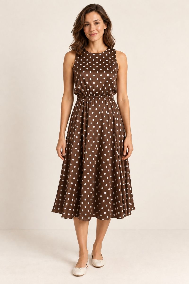 Brown Polka-Dot Midi Dress — front view