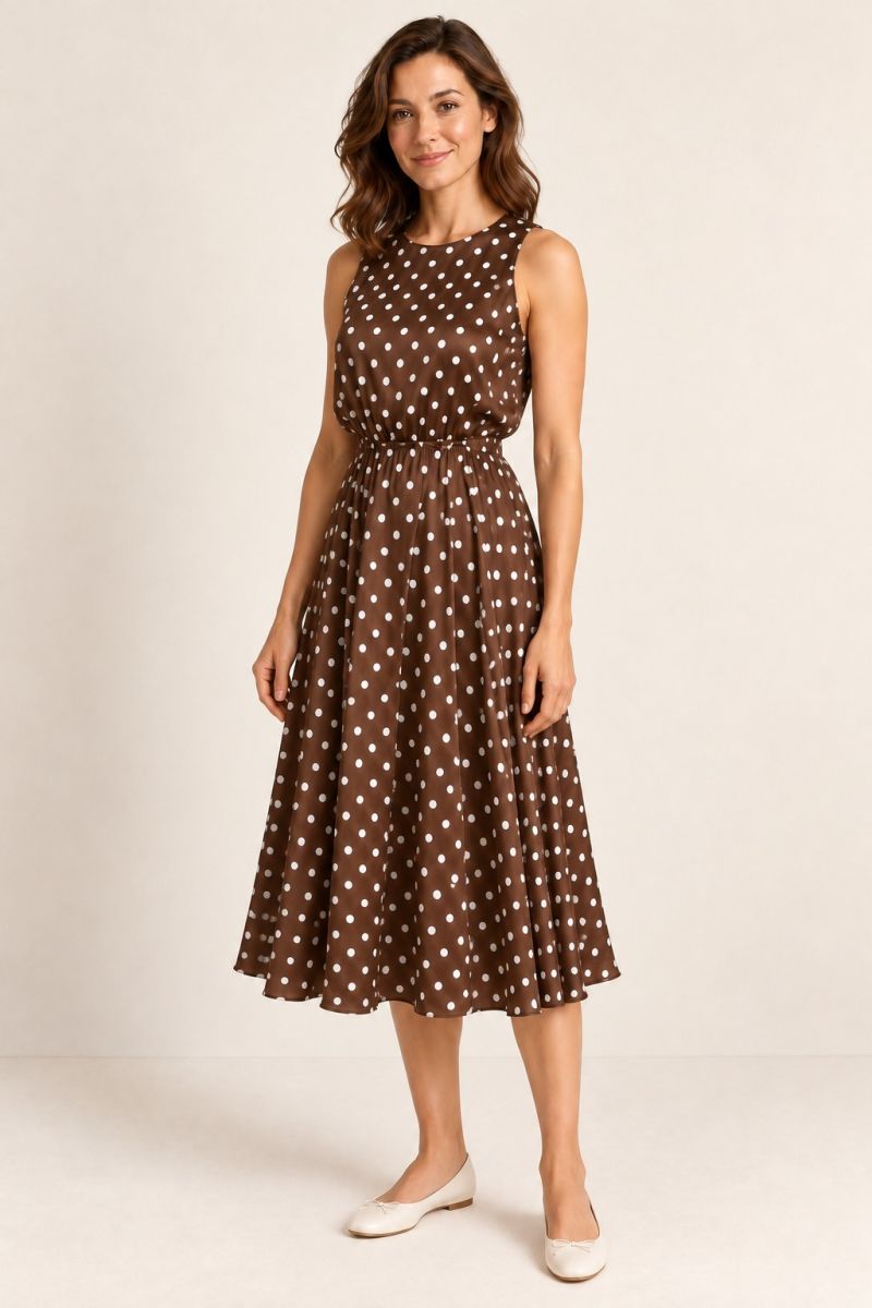 Brown Polka-Dot Midi Dress — gentle three-quarter front view