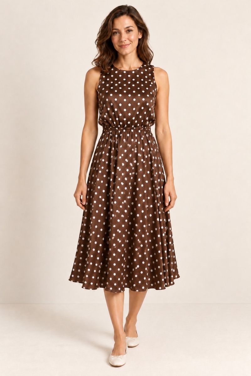Brown Polka-Dot Midi Dress — relaxed front pose