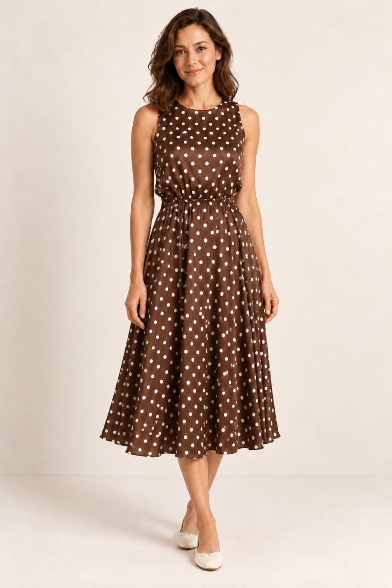 Brown Polka-Dot Midi Dress — alternative full front view