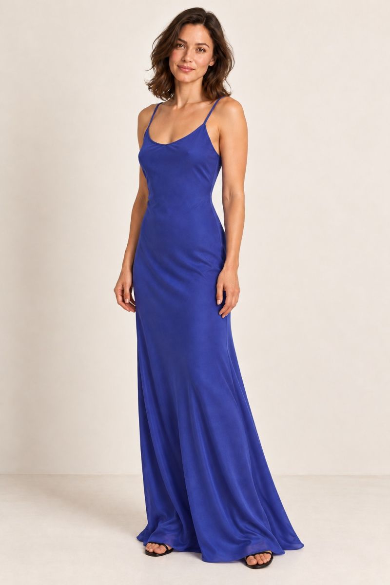 Blue Slip Prom Dress — gentle three-quarter front view