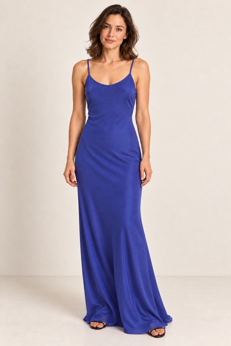 Blue Slip Prom Dress — relaxed front pose