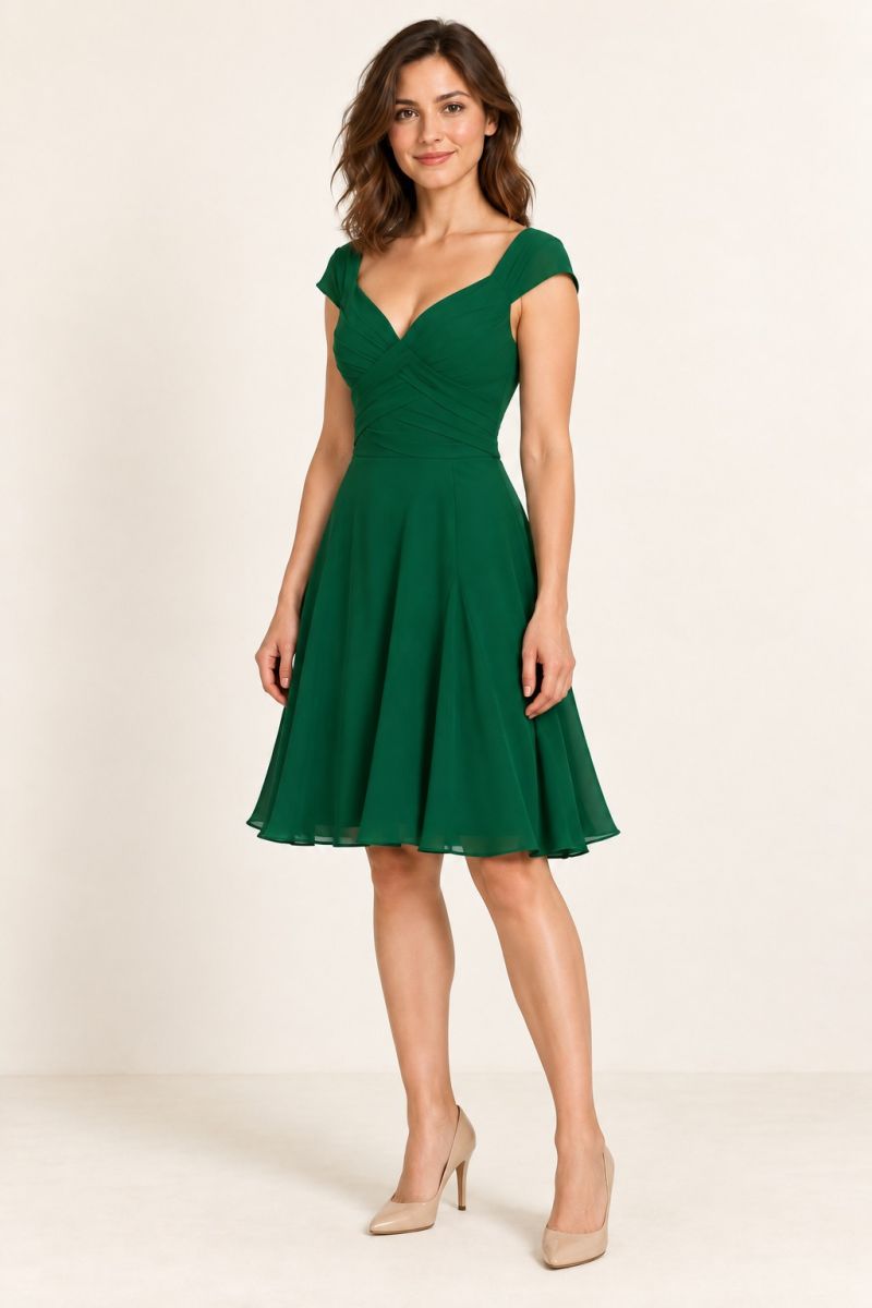 Jade-Green Dress — gentle three-quarter front view
