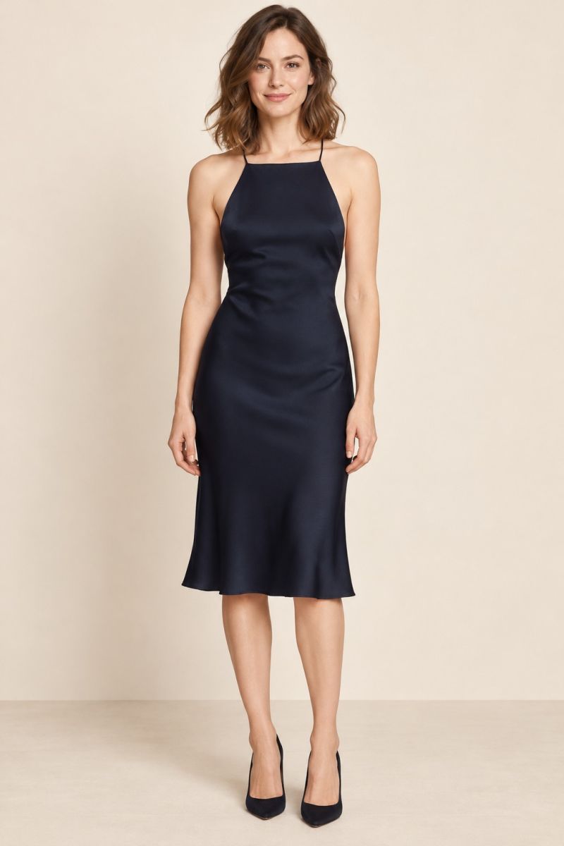 Navy High-Neck Cross-Back Dress — front view