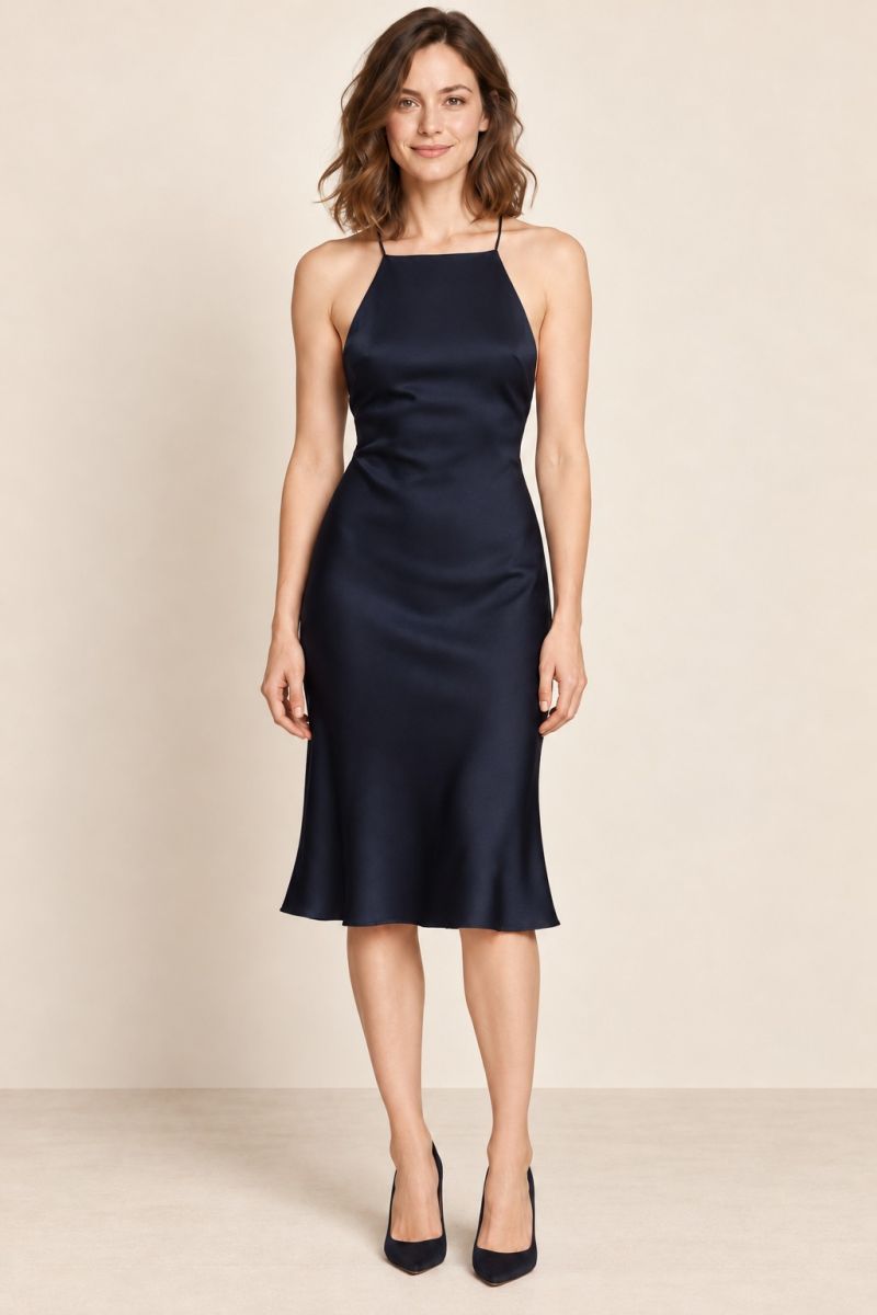 Navy High-Neck Cross-Back Dress — alternative full front view