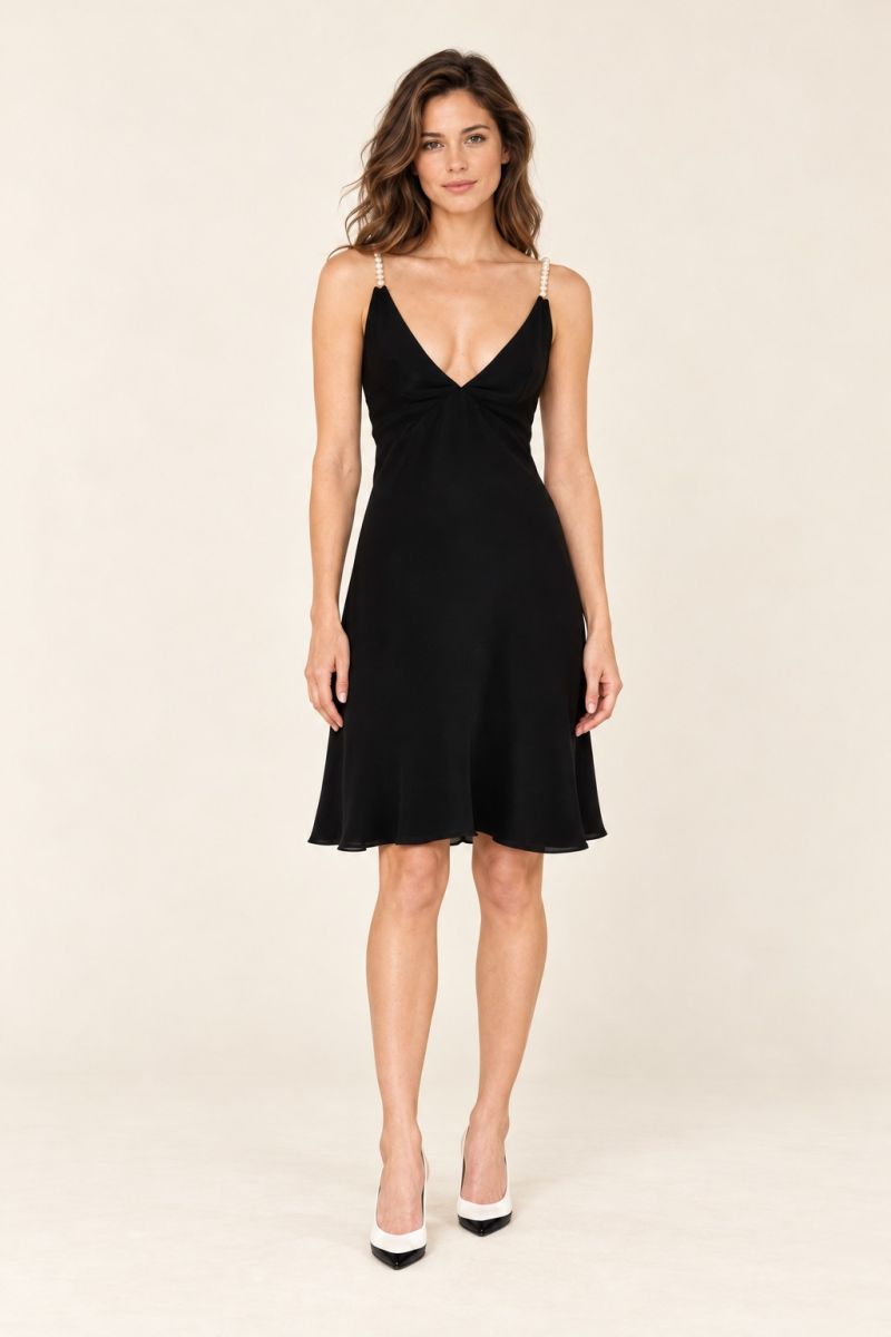Black Pearl-Strap Cocktail Dress — Front view