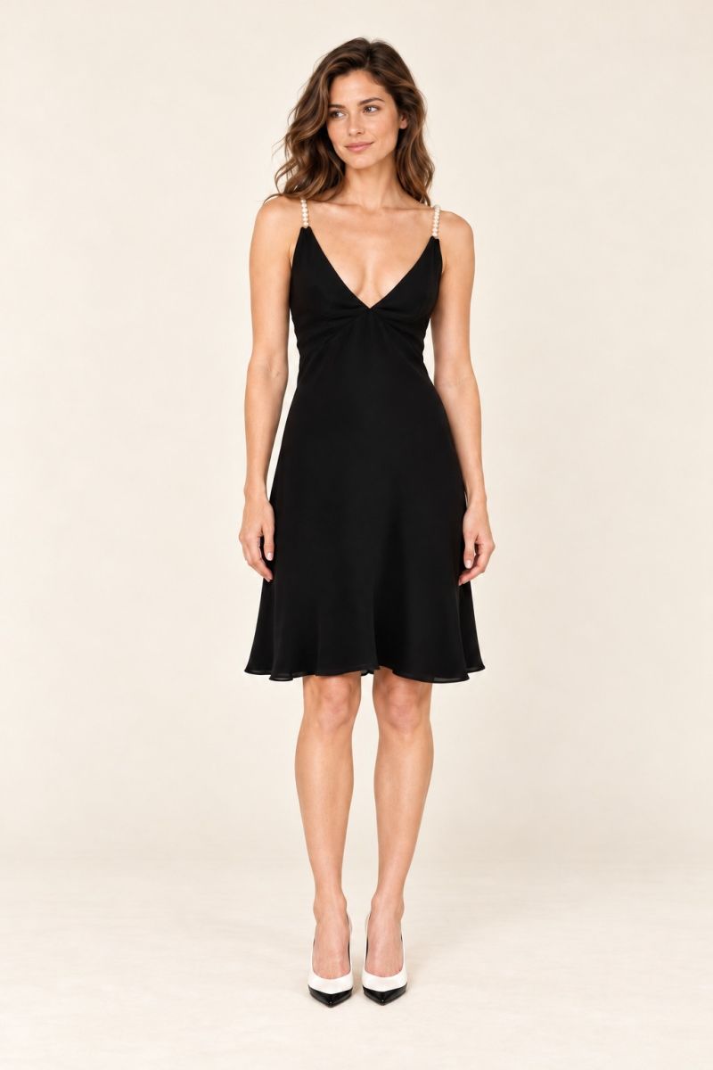 Black Pearl-Strap Cocktail Dress — Relaxed front pose