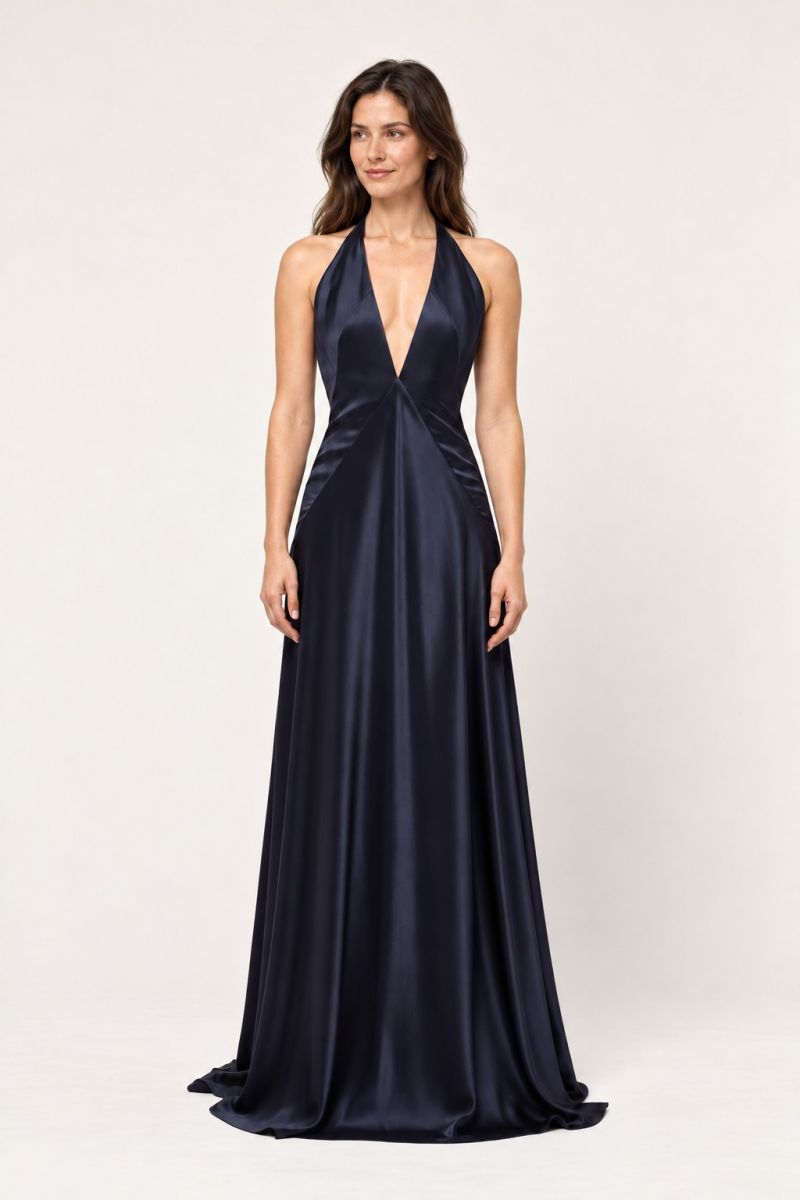 Navy halter evening dress — relaxed front full-length view