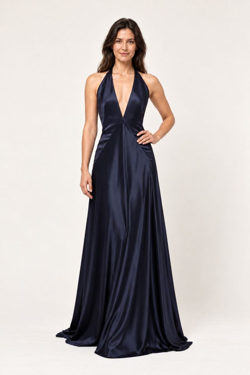 Navy halter evening dress — alternative front pose with hand at waist