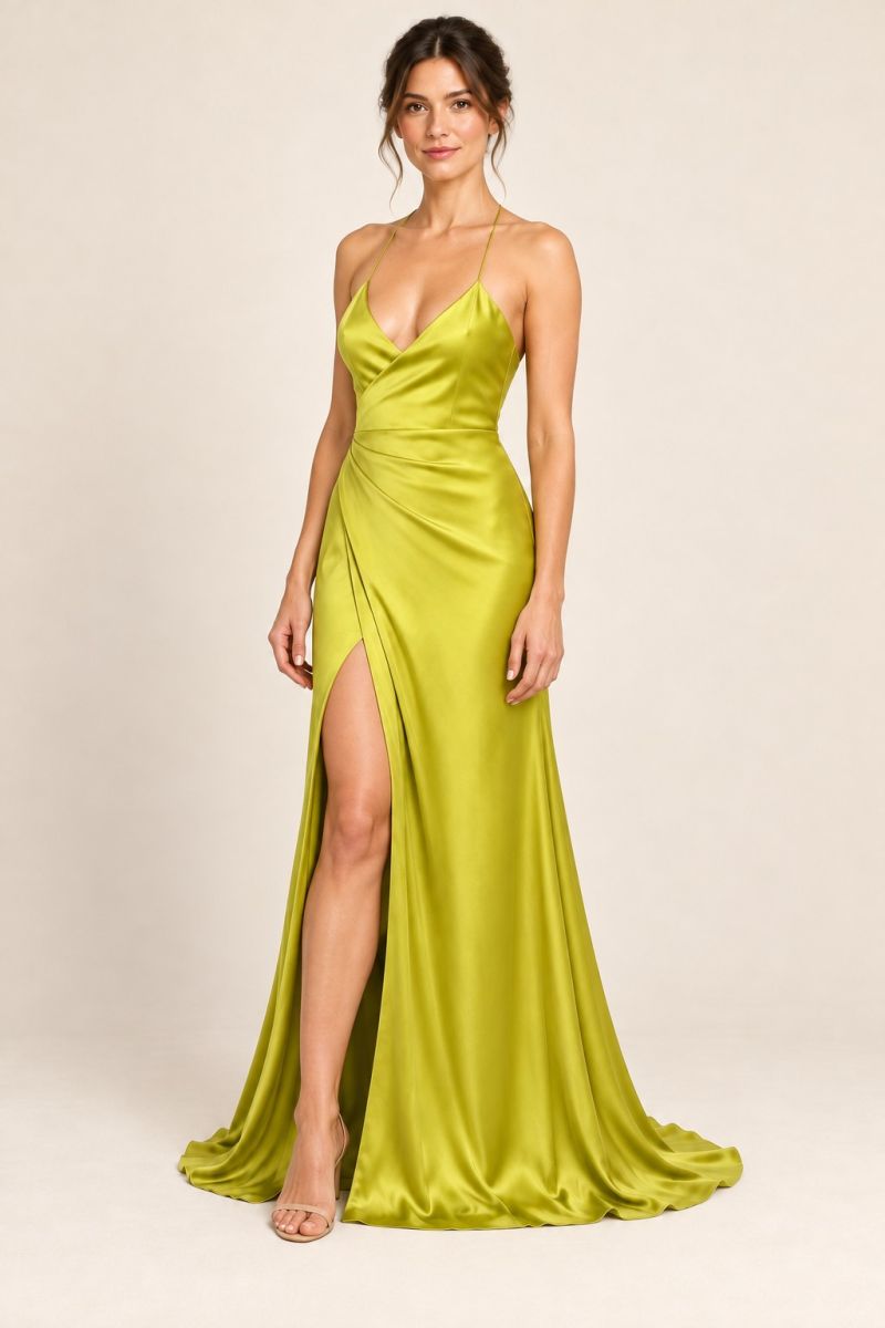 Chartreuse Wrap Gown — Three-quarter front pose