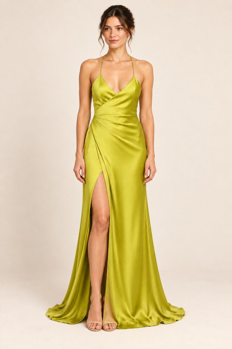 Chartreuse Wrap Gown — Relaxed front pose