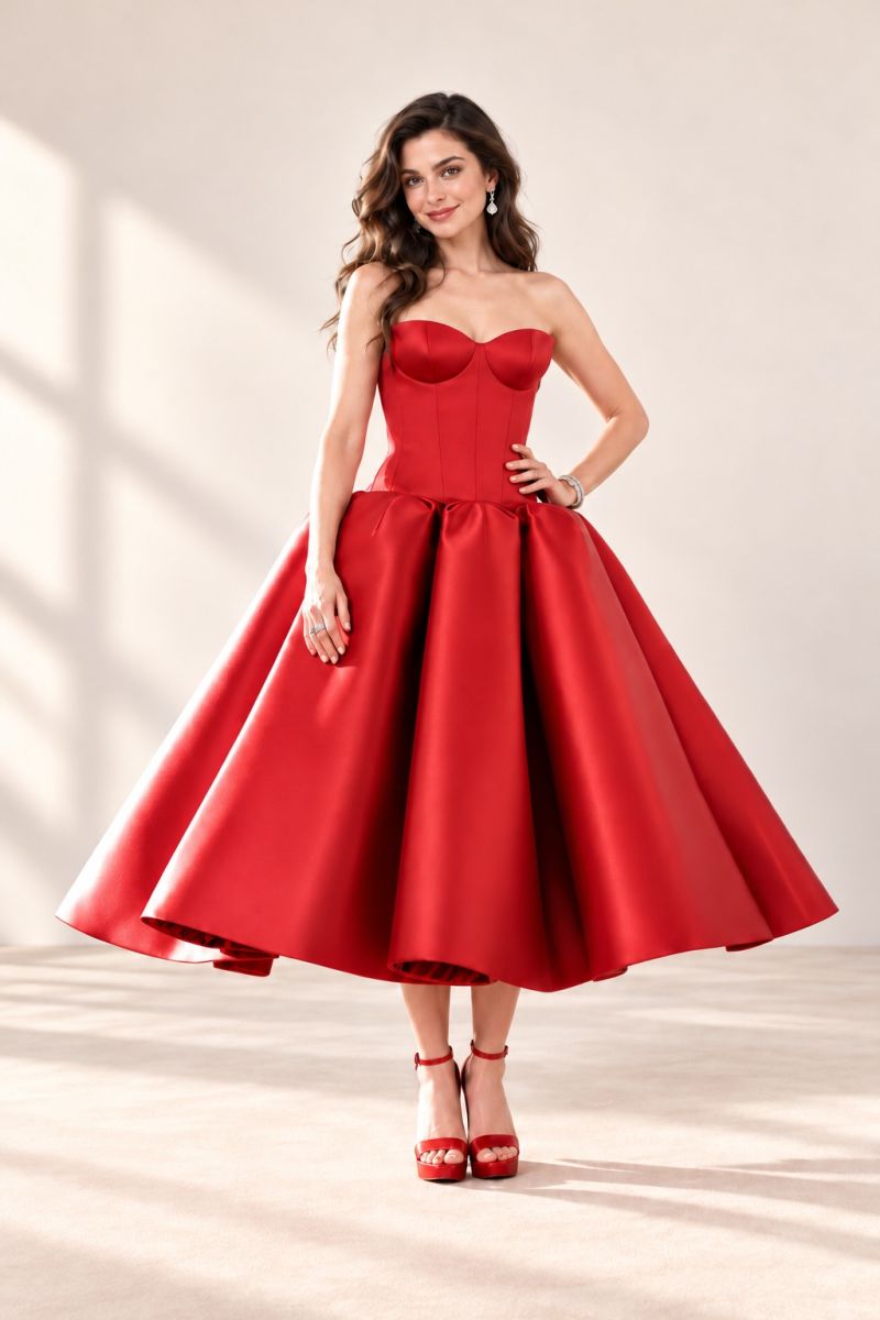 Red strapless corset midi dress, full front view