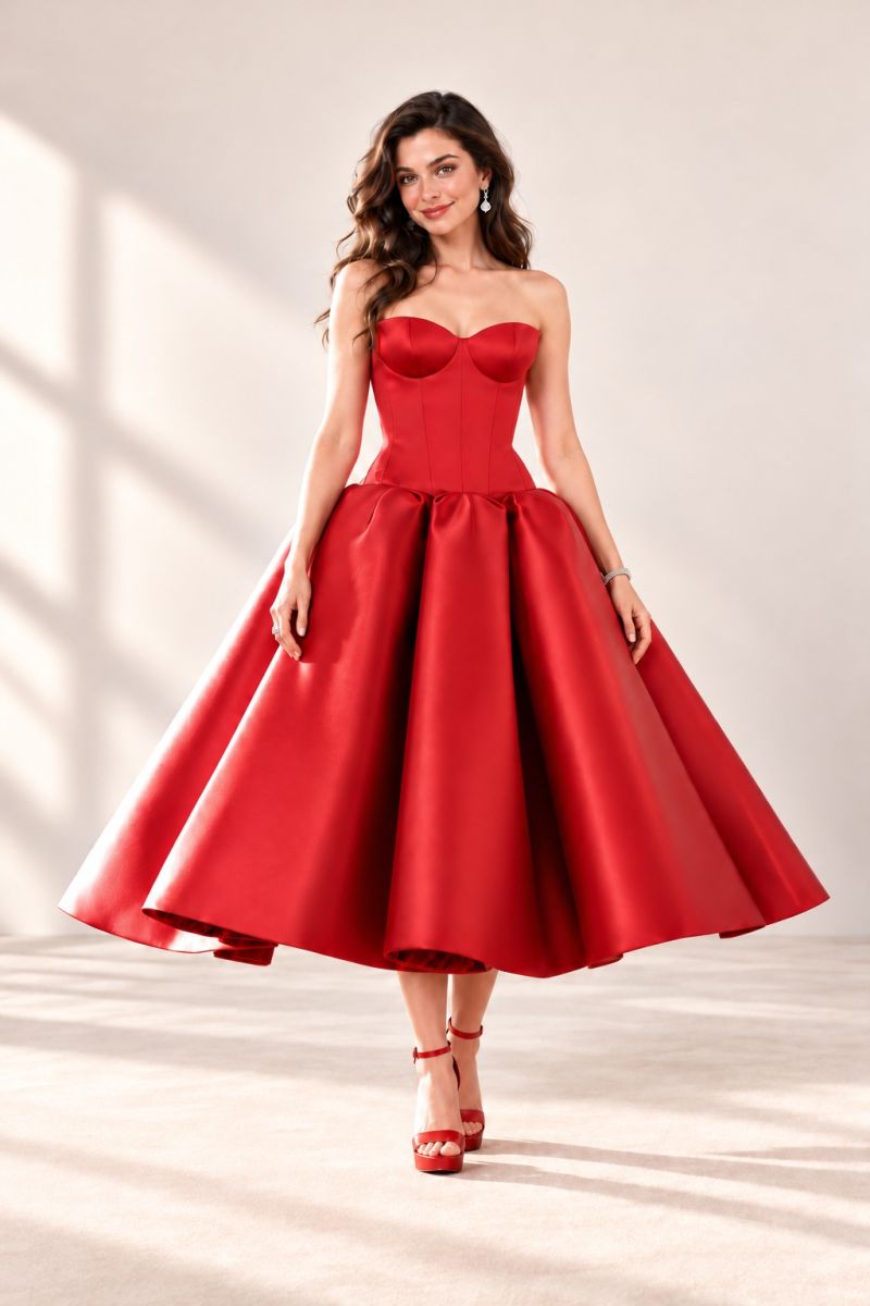 Red strapless corset midi dress, relaxed front pose