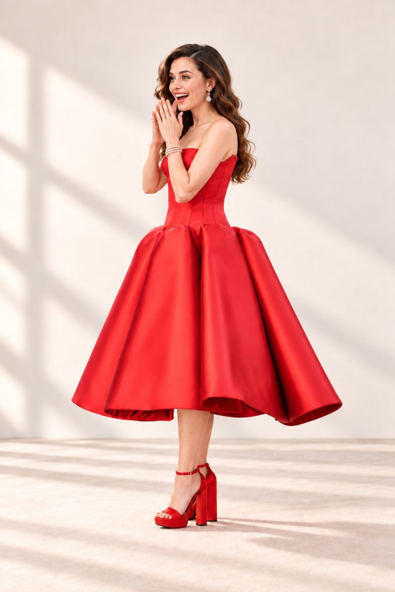 Red drop-waist midi dress, full side view
