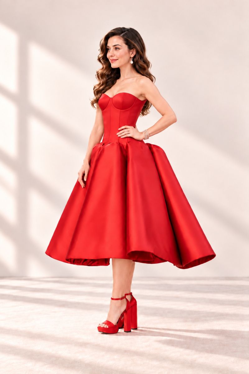 Red corset midi dress, three-quarter standing pose