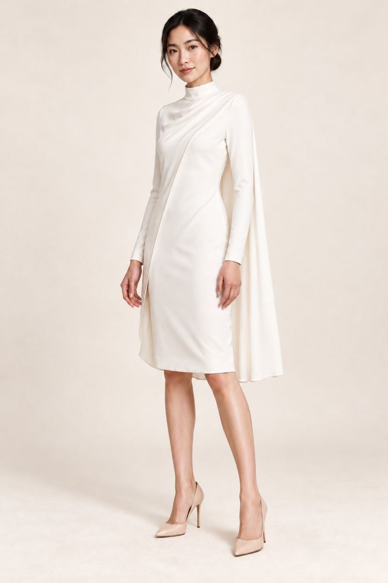 White Mock-Neck Cape Dress — Three-quarter view